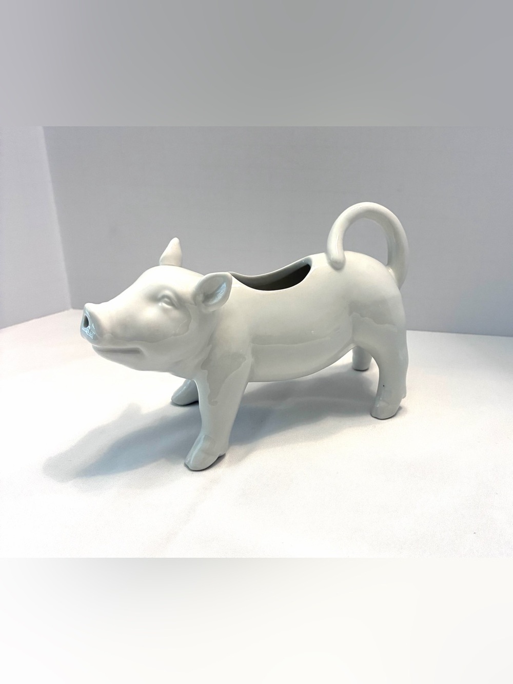 Whimsical White Porcelain Pig Creamer with Curled Tail Handle